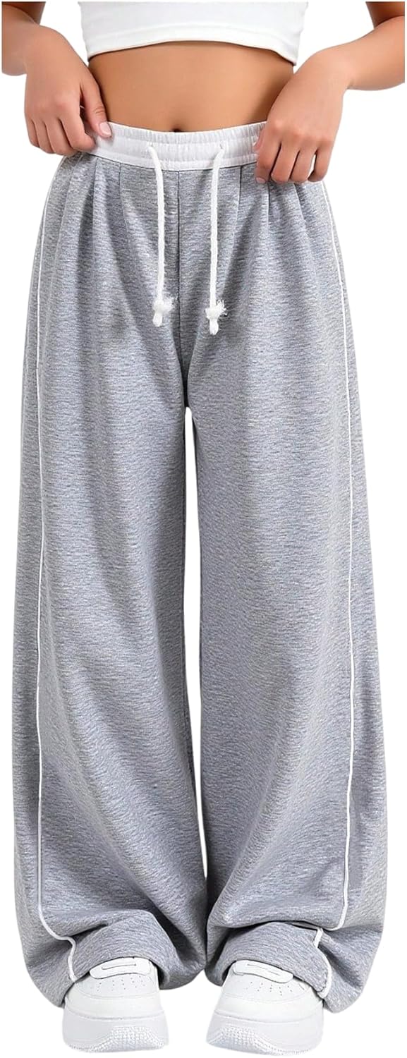 Girl's Wide Leg Sweatpants Baggy Drawstring Waist Sweat Pants Athletic Workout Trousers with Pocket