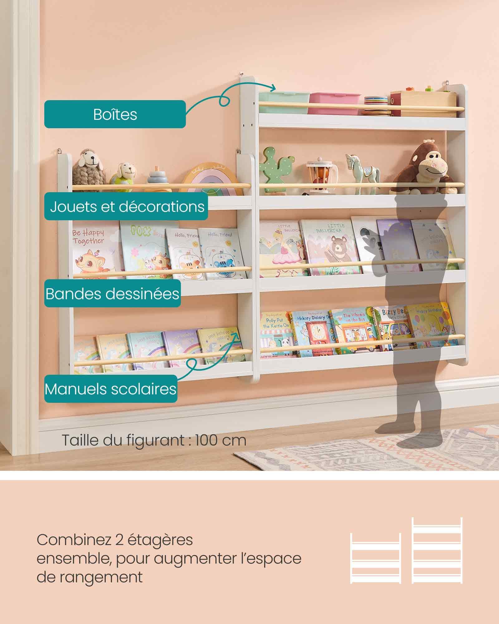 SONGMICS Étagère à Livres pour Enfants, Bibliothèque à 4 Niveaux, Étagère Murale à Jouets, pour Chambre d’Enfant, Salle de Jeux, Blanc et Naturel GKR014W01