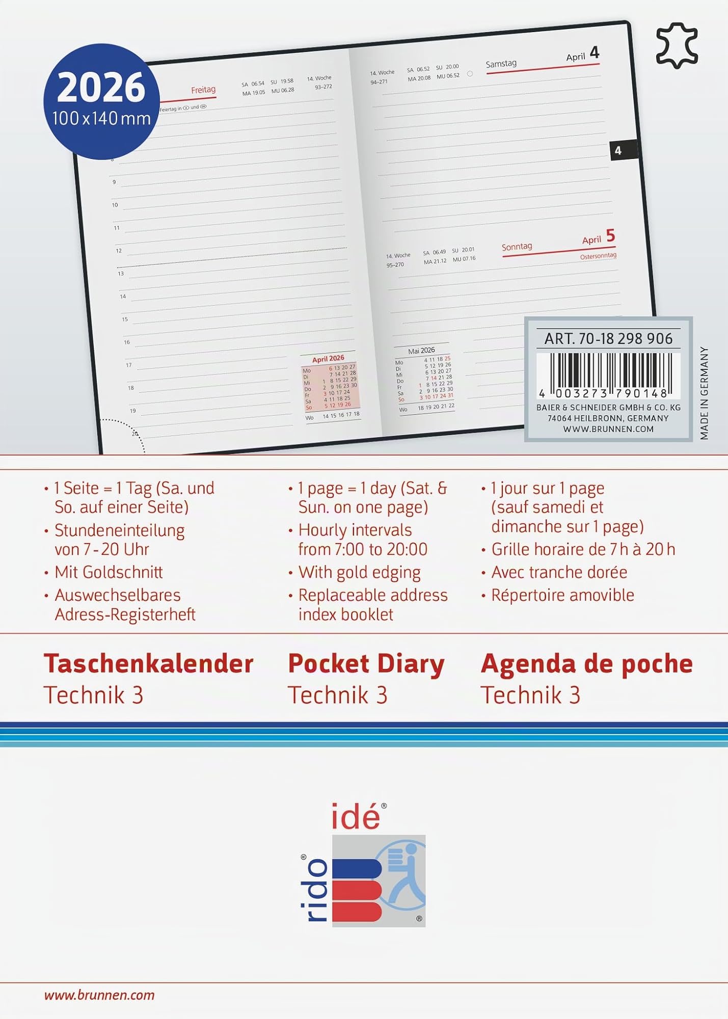 rido/idé Taschenkalender Mod. Technik III 2026 | A6, Leder, schwarz