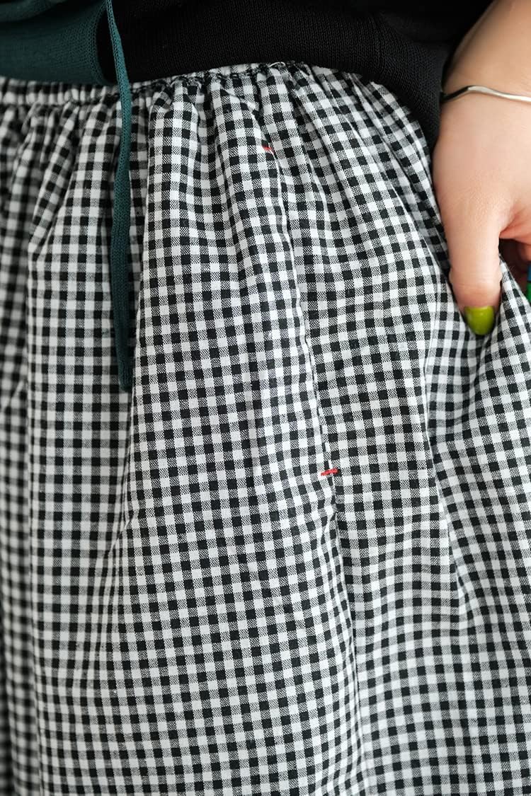 Women's Cotton Linen Wide Leg Culottes Pants Elastic Waist Plaid Gingham Capri Palazzo Pants - Image 5