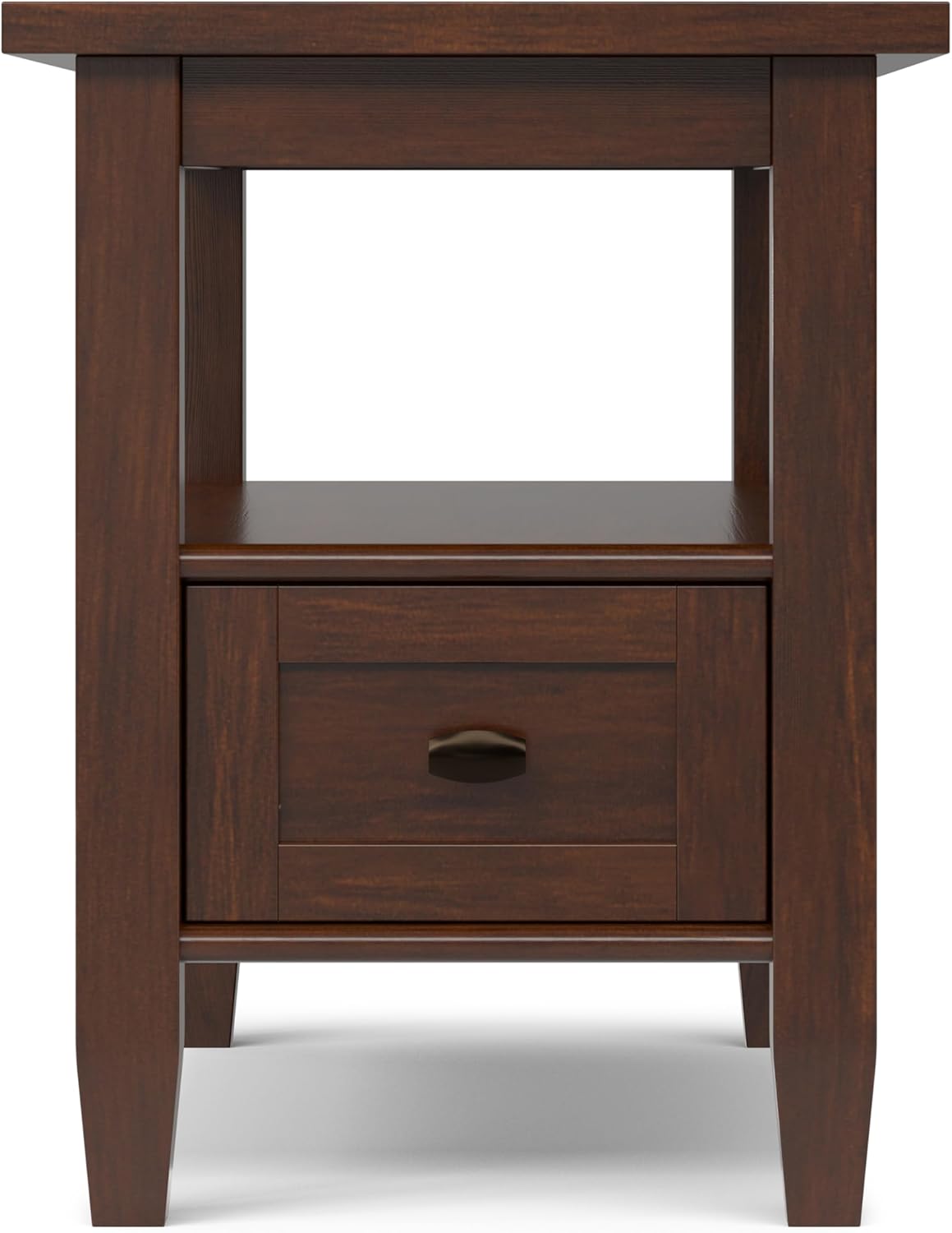 SIMPLIHOME Warm Shaker End Table - 14 inch Wide Solid Wood Narrow Accent Table in Russet Brown, Transitional Side Table for Living Room with Drawer and Shelf