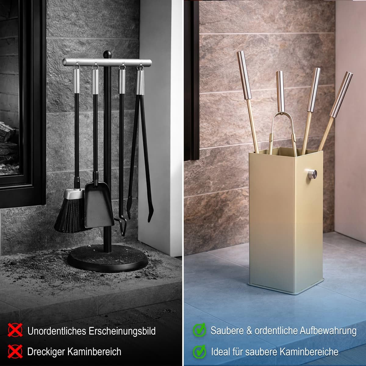 MS Beschläge Kaminbesteck Taupe modern 5-teilig - Kamingarnitur massiv Stahl pulverbeschichtet - Ofenbesteck mit eckigem Behälter & Edelstahl Griffstücke - elegantes Design Kamin-Set Kaminzubehör