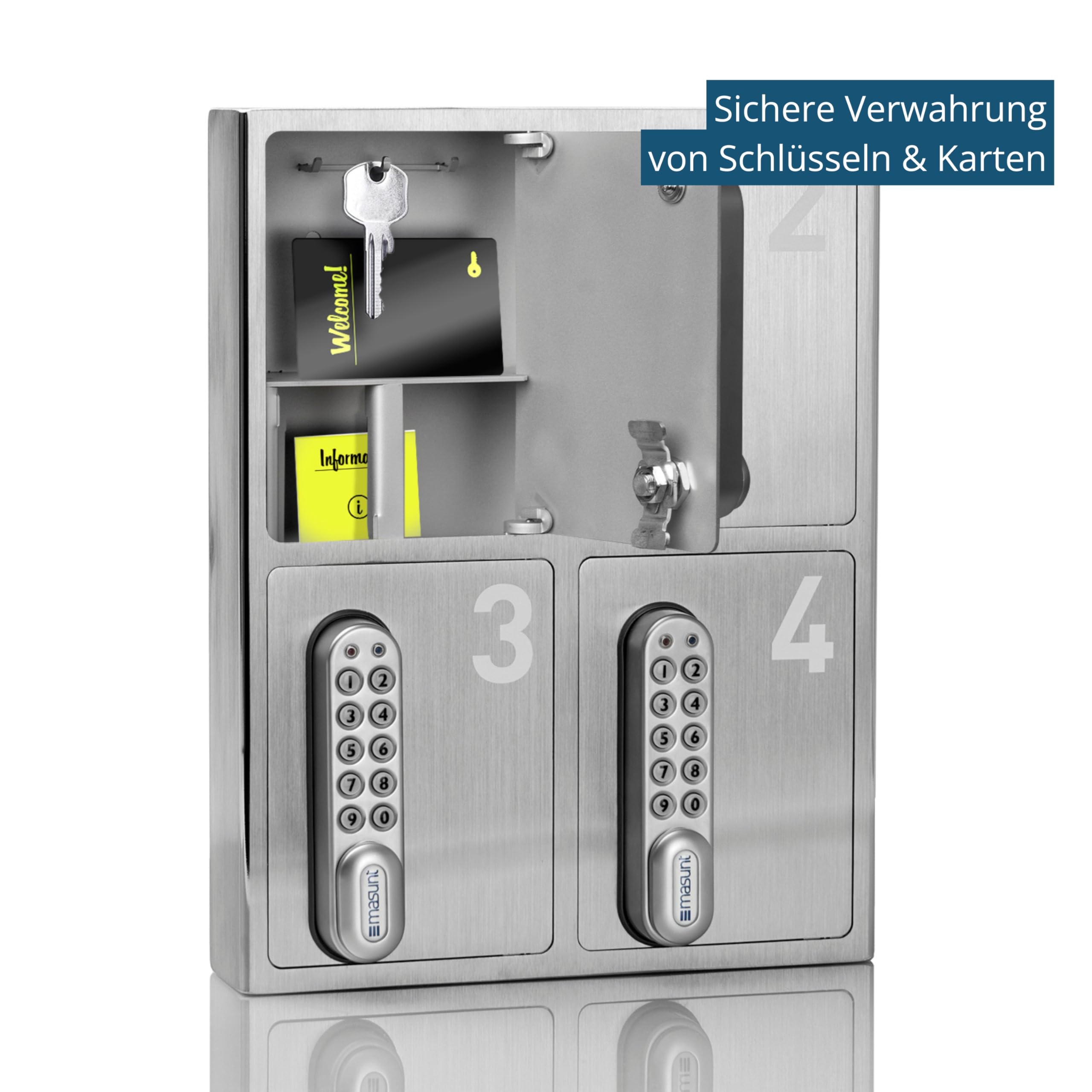 masunt Schlüsselsafe 1440 E Code | innovative Online-Codevergabe aus der Ferne | digitaler Schlüsseltresor aus massivem V4A Edelstahl | 4 Fächer | Aufbruch-sicher | korrosionsbeständig für Seeklima