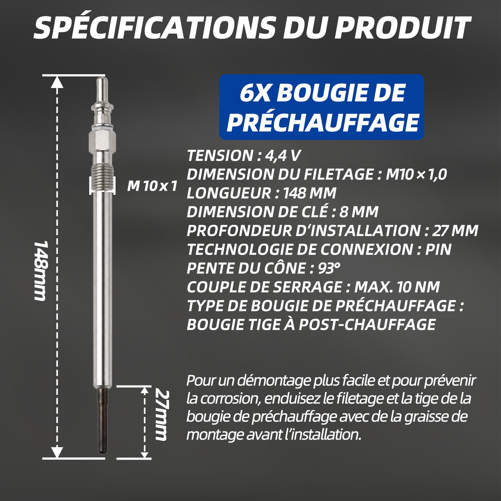 Lot de 6 bougies de préchauffage compatibles avec W203 W204 CLK CLS W211 W461 W164 W251 W221 W639 Bougies de préchauffage diesel de qualité supérieure (Benz 6)