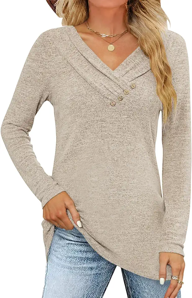FMEYOA Women's Fall Long Sleeve Tunic Tops for Leggings V Neck Button Casual Blouse Sweatshirt