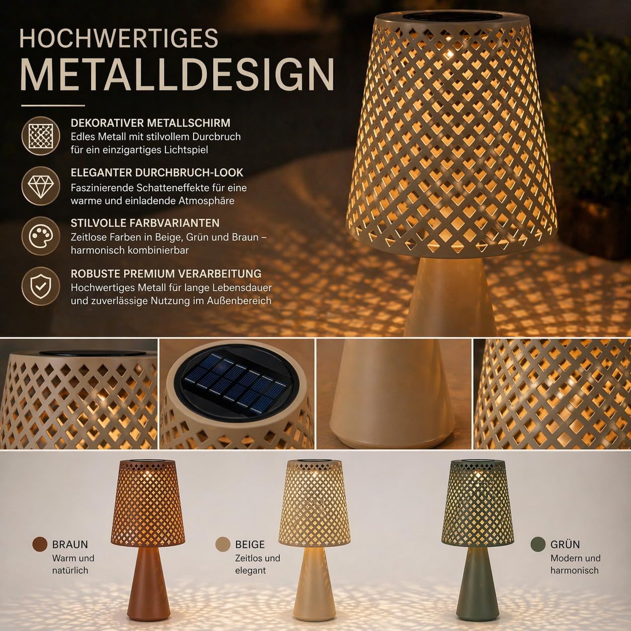 formano Solarleuchten Outdoor 3er Set Solar Tischlampen für Garten Terrasse Balkon LED Solarlampen mit Metallschirm in Beige Grün Braun 18x38 cm, inkl. AA Akku, wetterfest für Außen