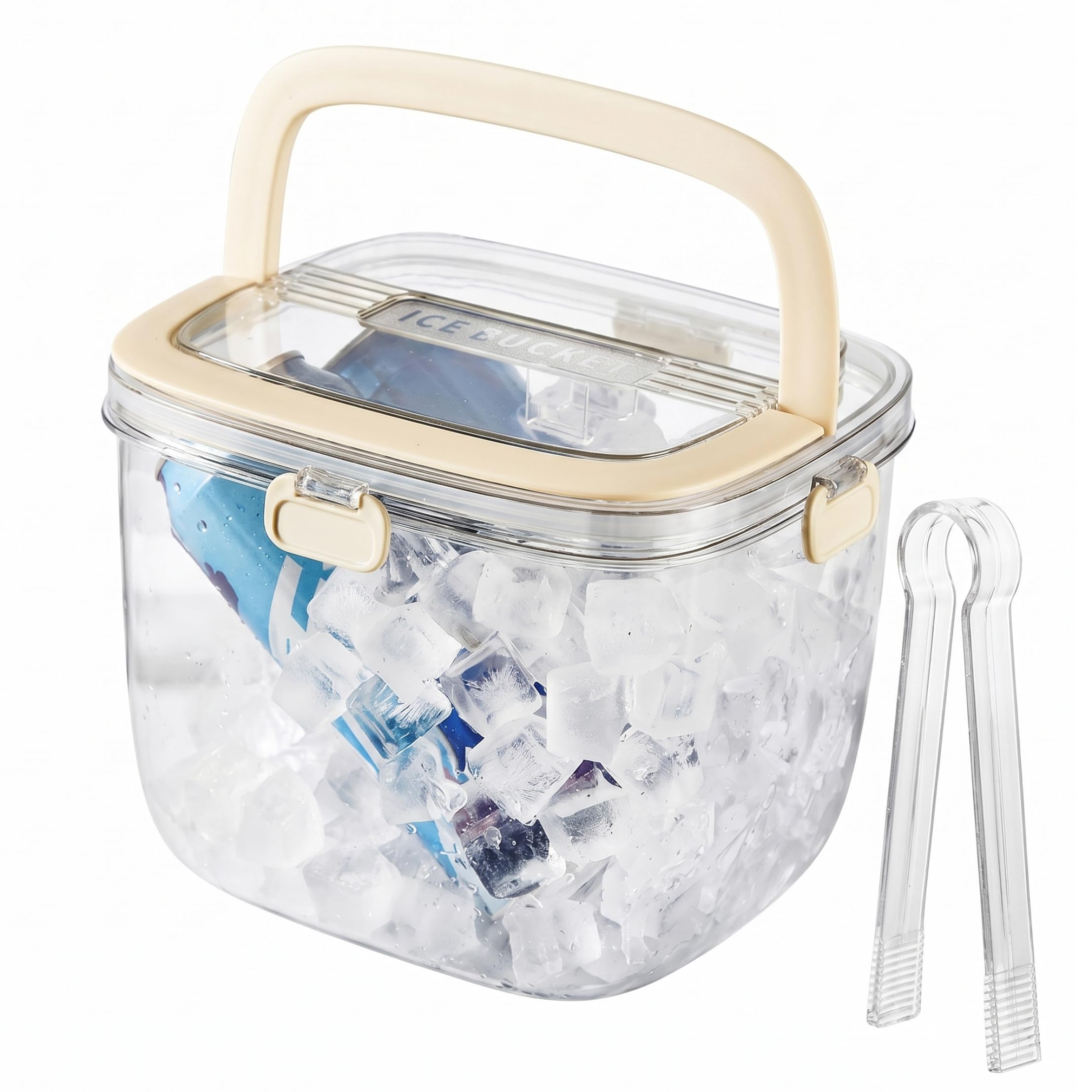 Grtheenumb ice holder for freezer, Ice Bucket For Freezer, Large Bin With Insulated Layer & Ergonomic Handle - Includes Tongs, Beige