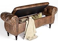 51" Upholstered Storage Ottoman Bench with Safety Hinge, Rolled Arms & Nailhead Trim - Brown End of Bed Bench for Bedroom, Entryway