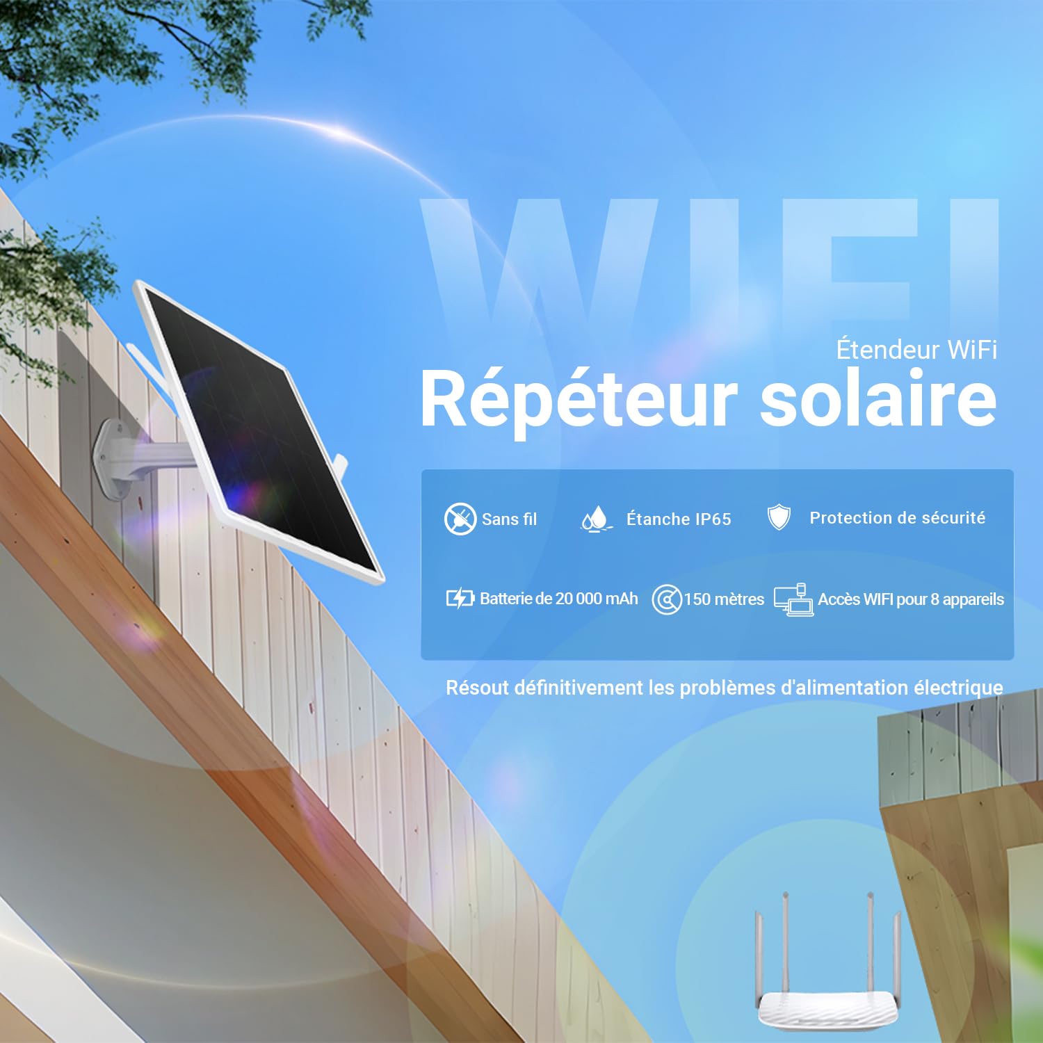 Répéteur Solaire d'extérieur résistant aux intempéries, amplificateur de Signal Internet sans Fil 2,4 GHz avec énergie Solaire + Batterie de 20000 mAh, Pas de Zones mortes WiFi pour la