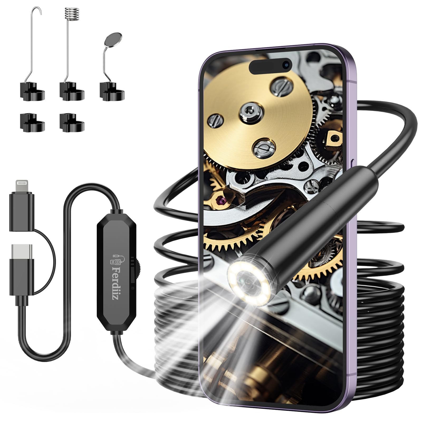 Endoskopkamera mit Licht, Ferdiiz 1920P HD Inspektionskamera mit 8 LED, Wasserdichtes IP67 Endoskopkamera Handy, Kein WLAN Erforderlich Kanalkamera für Android & iOS, Tablet - 16.4 ft/5 m