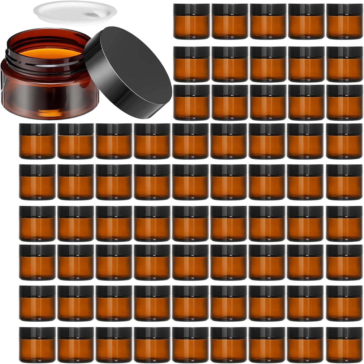 100 Pack 2 oz Glass Jars with Lids Bulk, Small Amber Glass Containers with Airtight Black Lid, Empty Cosmetic Jars Travel Size for Sample, Lip Balm, Candle, Cream, Ointments, Scrubs, Powders