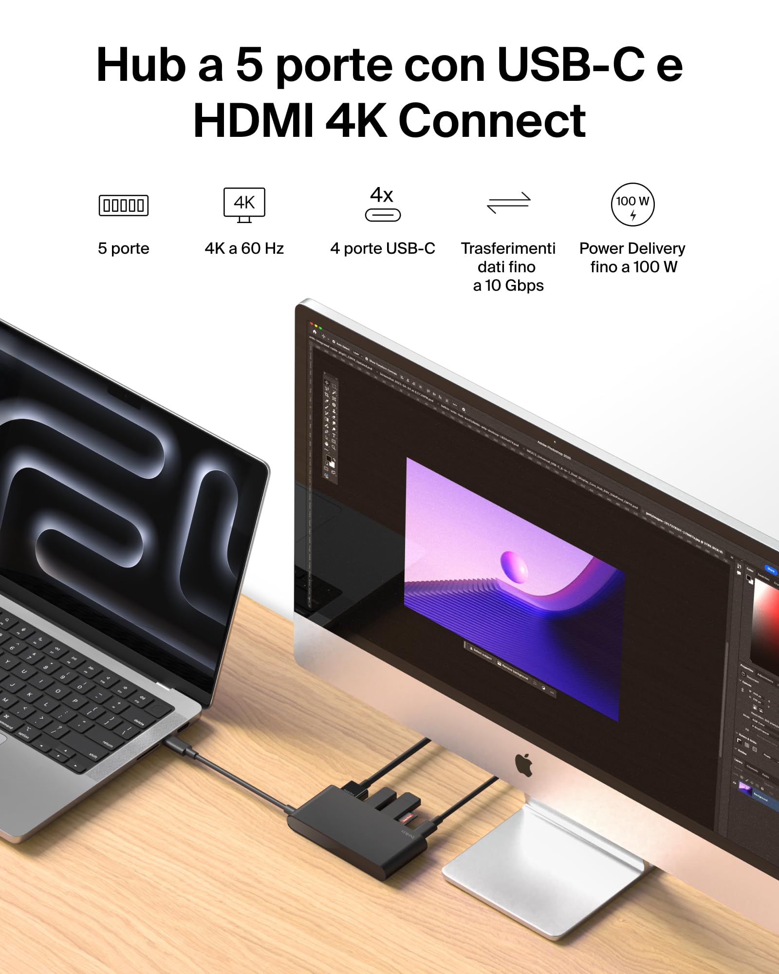 Belkin Hub USB C, Hub a 5 Porte con HDMI 4K 60Hz, Power Delivery 100W, Trasferimenti Dati Rapidi 10Gbps, Docking Station USB-C, Sdoppiatore Usb, Compatibile con MacBook, iPad Pro, Chromebook e Altri