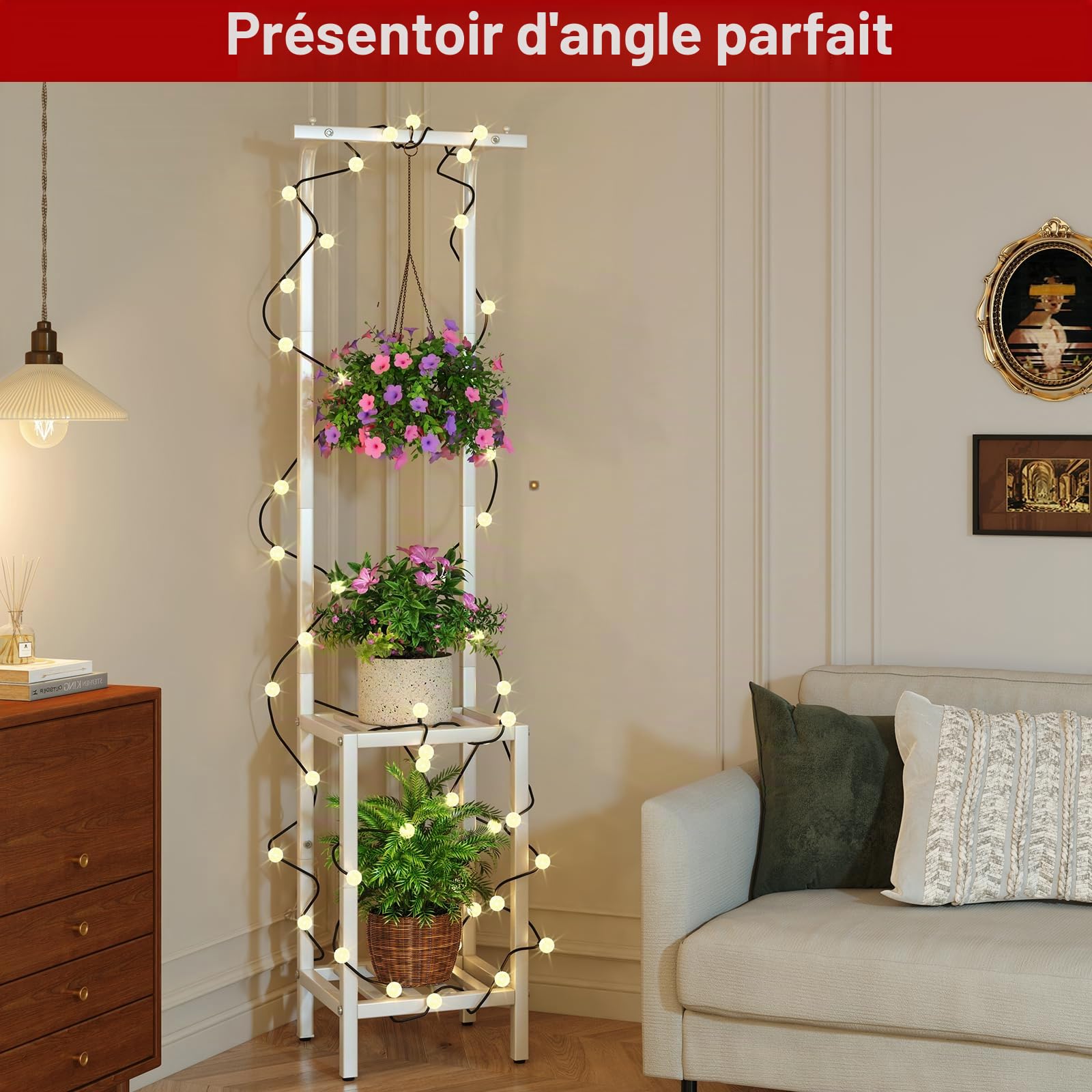 IBUYKE 170cm de Haut Support pour Plantes d'Intérieur et d'Extérieur, 3 Étagères Suspendues Support Pot de Fleurs en Métal, Étagère à Plantes pour Salon Balcon Jardin, Blanc TMJ076W