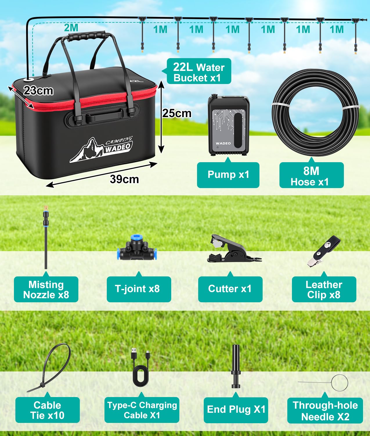 WADEO Sistema di Raffrescamento a Nebulizzazione Portatile, Sistema Nebulizzatore da Esterno con Pompa Ricaricabile 6000mAh, Tubo da 8M e 8 Ugelli in Ottone, per Campeggio, Giardino, Patio e Sport
