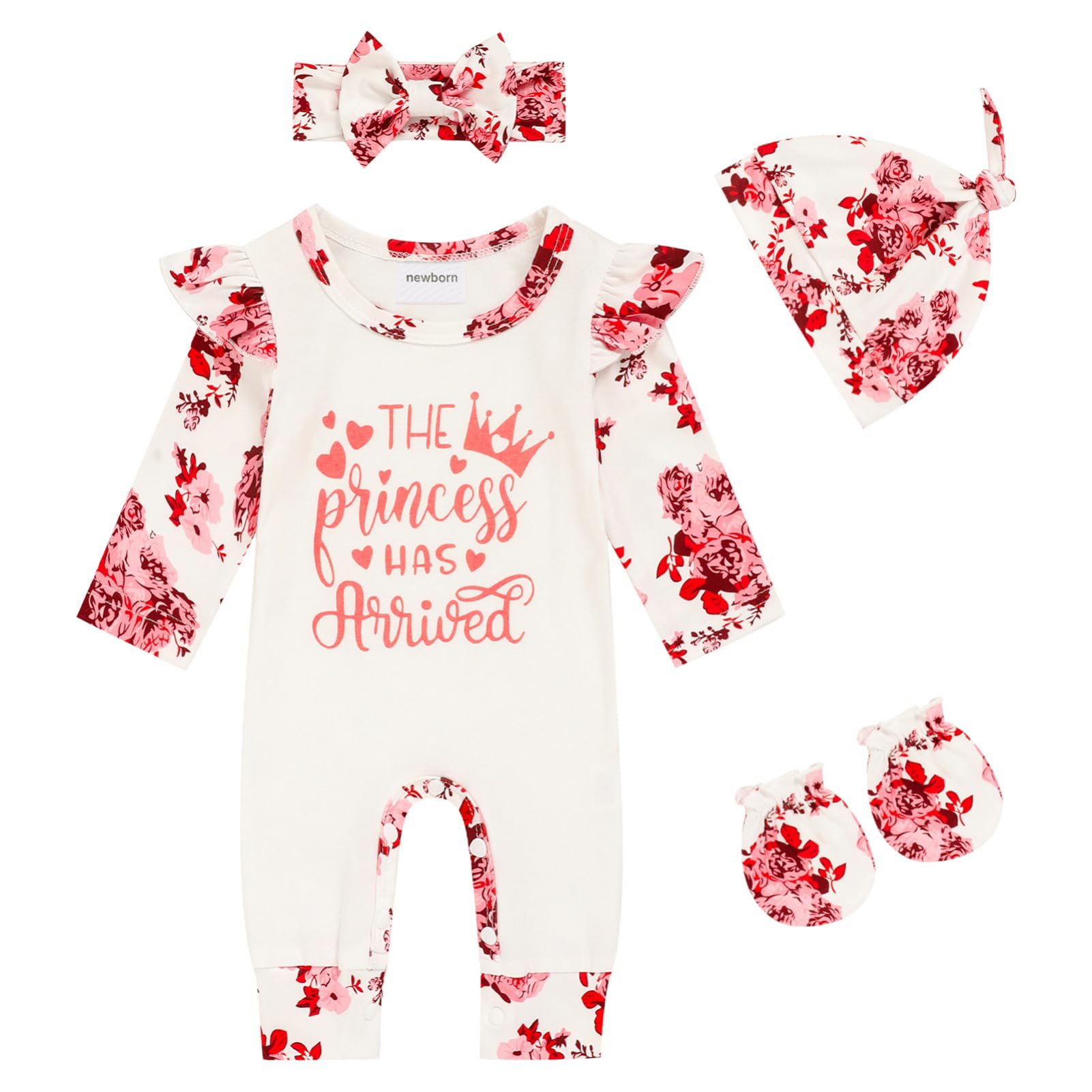 GRNSHTS Newborn Baby Girl Romper Infant Letter Print Jumpsuit Floral Bodysuit+Hat+Headband+Gloves Coming Home Clothes Outfits