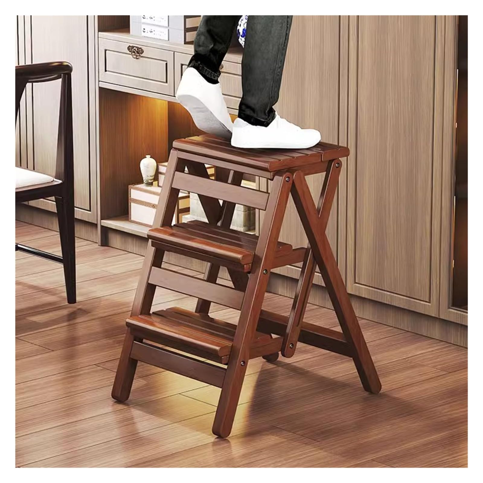 LISHEUK 3Step Folding Stool Wooden Portable Ladder NonSlip Kitchen Chair Versatile Step Stool for Countertops High Chair and Storage Solutions