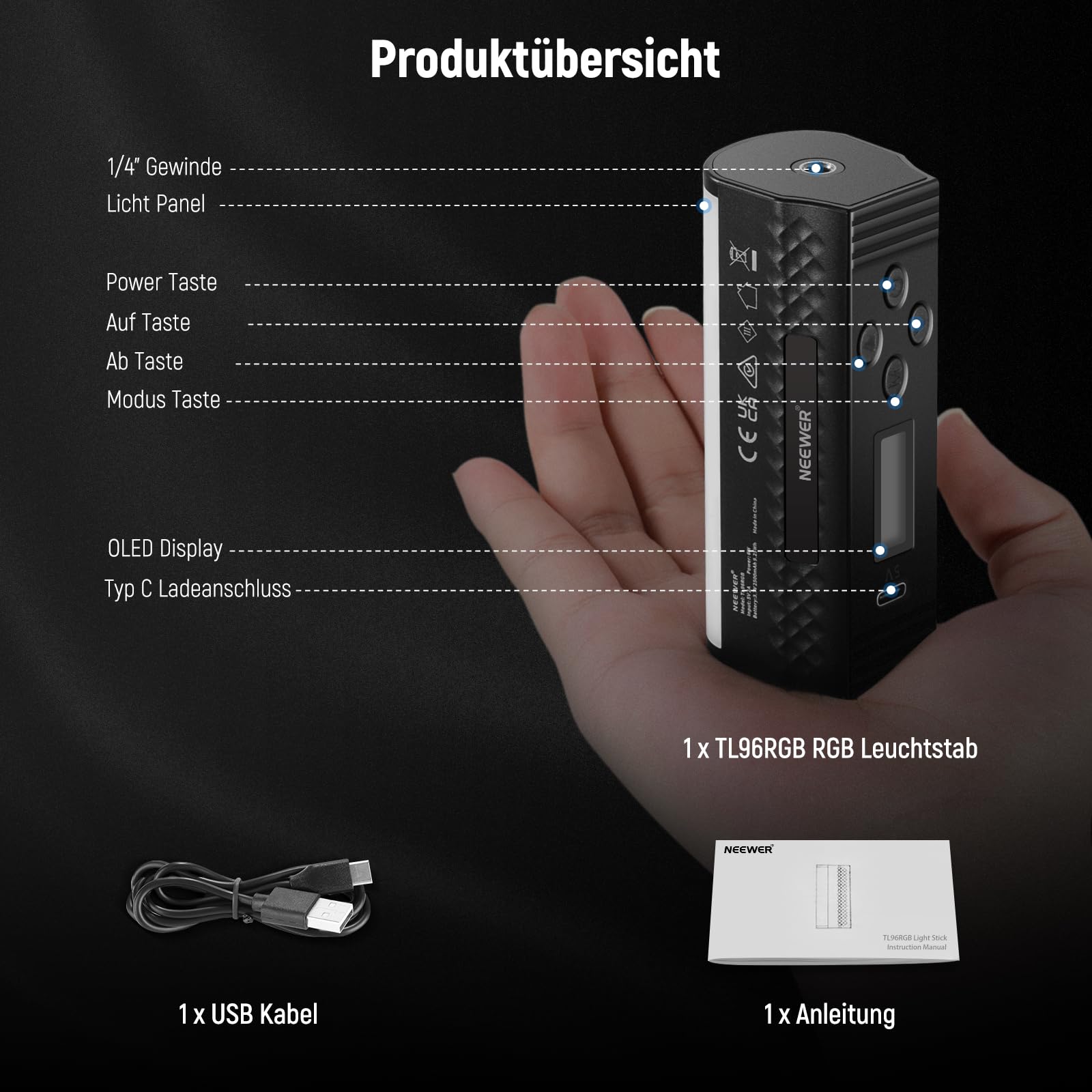 NEEWER Basics Magnetischer Handheld Lichtstab, 360° RGB Mini LED Video Tube Lighting Stick, 2500mAh Batterie, 2500K-8500K Dimmbar, Studio Kamera Fotografie TikTok YouTube Aufnahme Streaming, TL96RGB