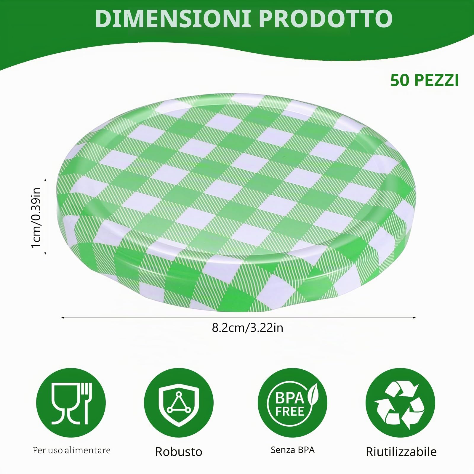 50 Pz Coperchi Twist Off da 82 mm, coperchio per barattoli di conserve, coperchio per conserve TO 82 mm a quadretti, colore verde a vite per Barattoli