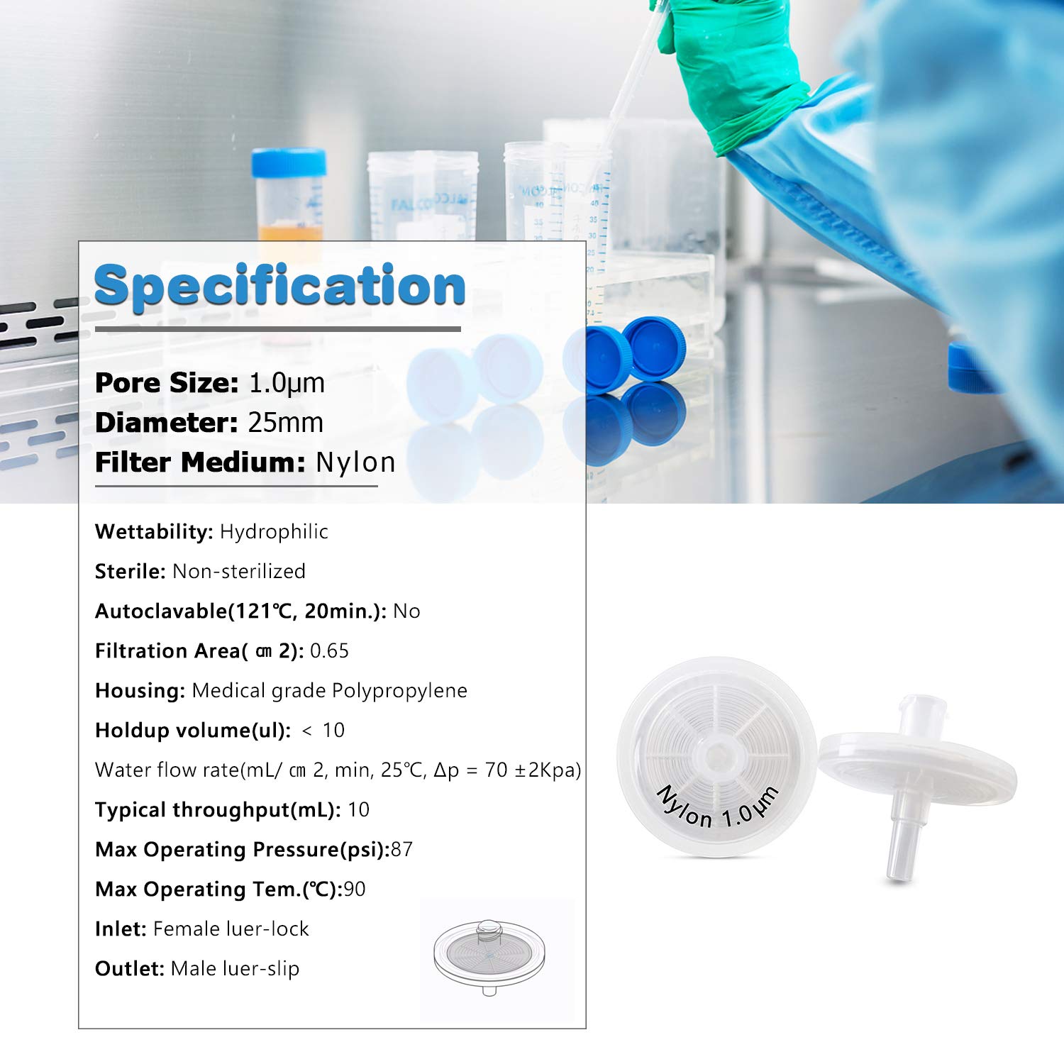 Biotechnology Spritzenfilter, Nylon-Membran, 25 mm Durchmesser, 1,0 μm, Porengröße, Laborfilter, 100 Stück, Nylon-25mm-1.0um, weiß