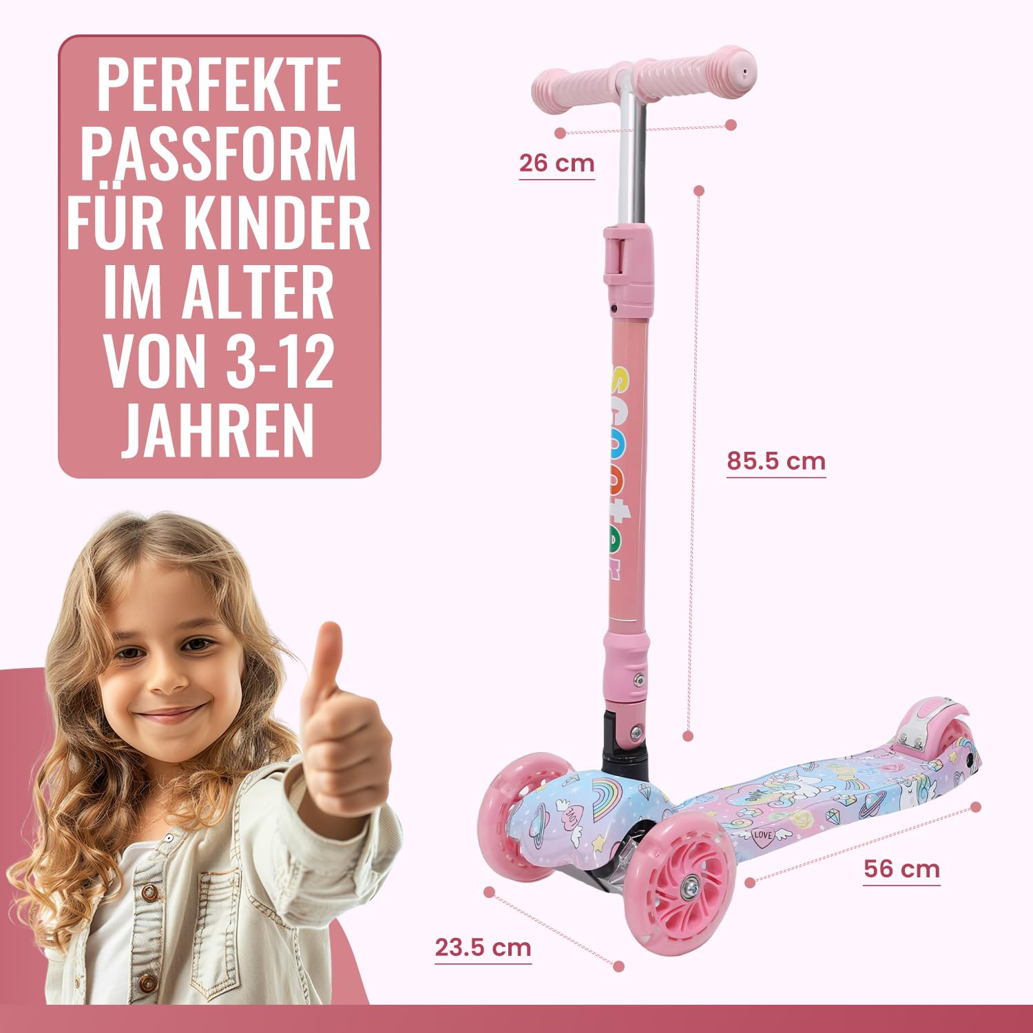 Habib Kinderroller, Tretroller ab 3 Jahre, Faltbar, Höhenverstellbar, LED Leuchträder, Bis 50kg, Für Jungen & Mädchen