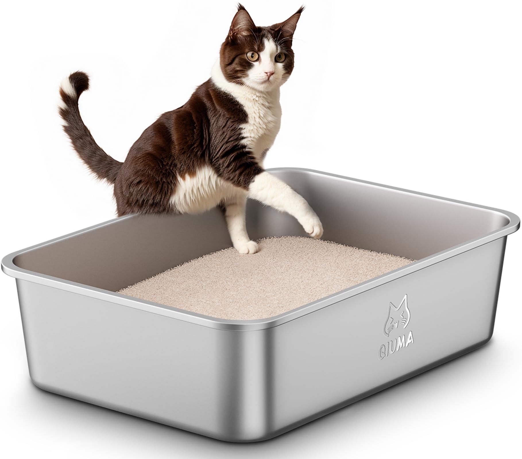 Stainless Steel Litter Box with Handle, Large Metal Cat Litter Box with High Sided for Big and Small Cats, Kitty Litter Boxes, Non-Stick, Easy to Clean, Odor-Free, Small Cat Toilet