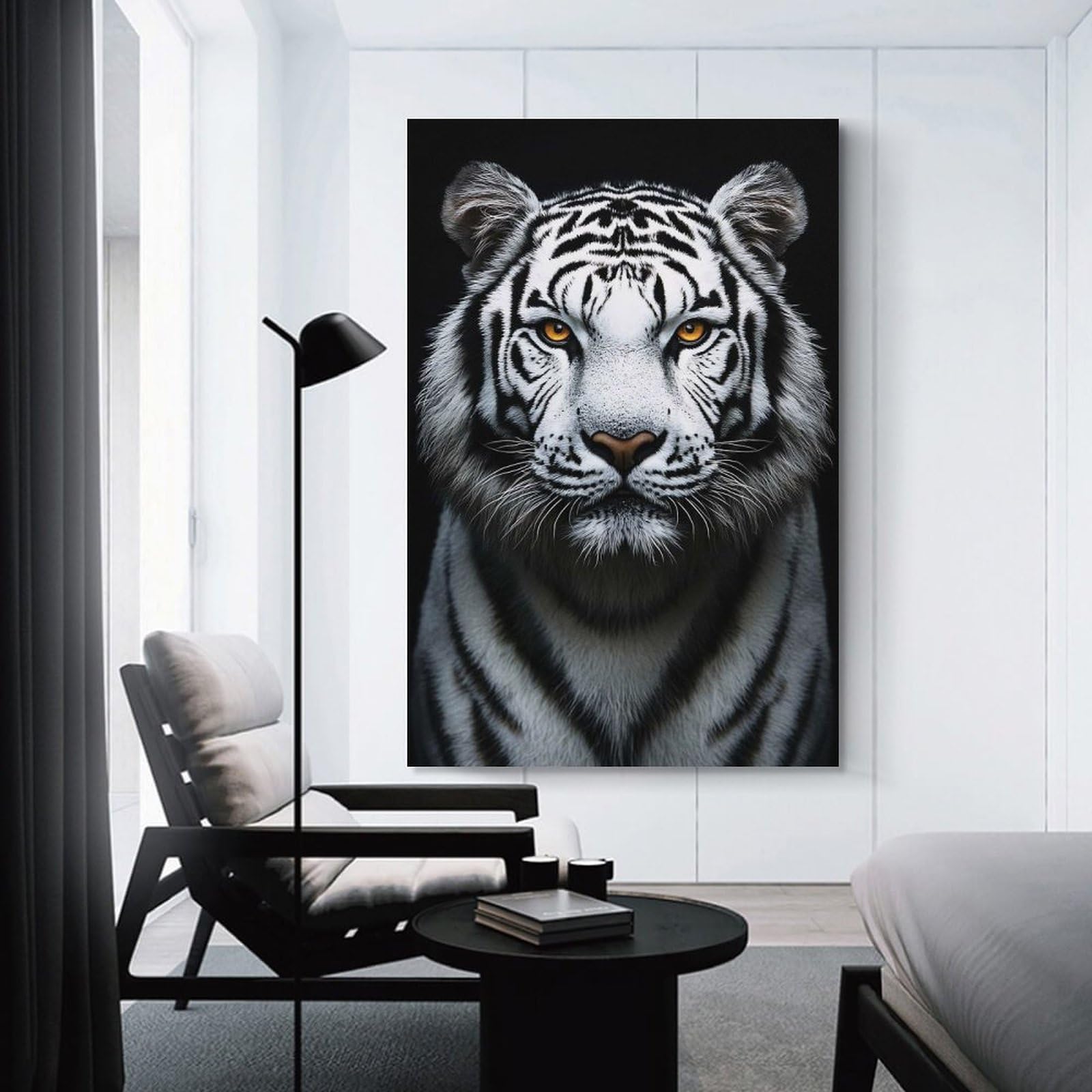 Junmoney Majestic White Tiger Portrait on Black Canvas Art Print 20x30inch(50x75cm), for Entrance Spaces, Stair Walls Or Halls, Wall Decor to Refresh Empty Corners