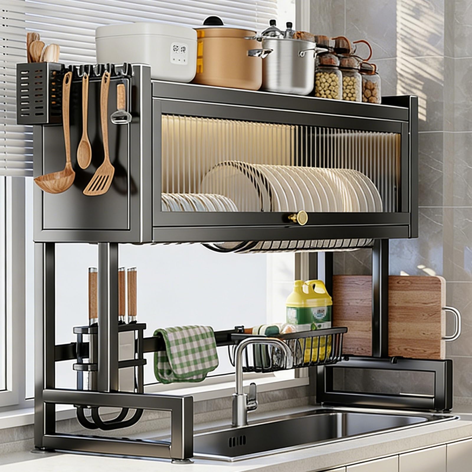 THNSAWX Metal Countertop Dish Drying Rack for Kitchen Sinks, Dish Drainer Rack with Acrylic Door, Space-Saving, with Accessory Kit, for Plates, Bowls, Pots(Black,85cm/33.4in)