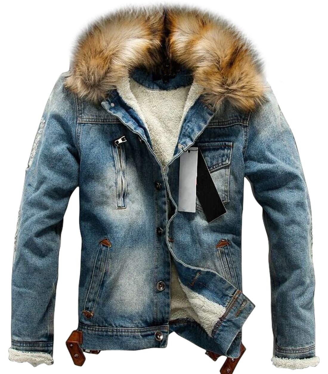 Men's Winter Stylish Faux Fur Collar Sherpa Lined Distressed Denim Trucker Jacket