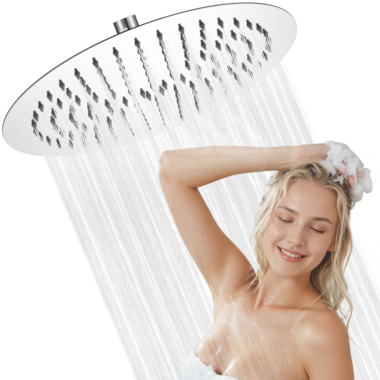 Auralum Rainfall Shower Head, 304 Stainless Steel 8 Inch Round Rain Shower Head with Self-Cleaning Nozzles, Anticalcare, 360° Adjustable, Universal G1/2” Fitting, Chrome for Shower & SPA