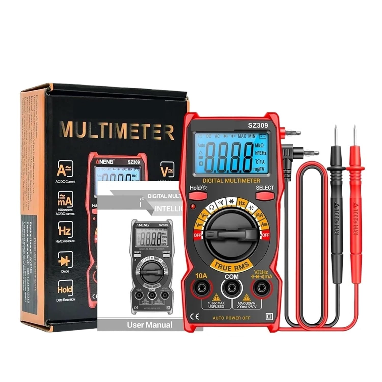 SZ309 Red Multimeter AC/DC Voltage Current Tester Digital Backlit Easy to Carry Electrical Instrument Multimetro Tools(SZ309 Red Pro)