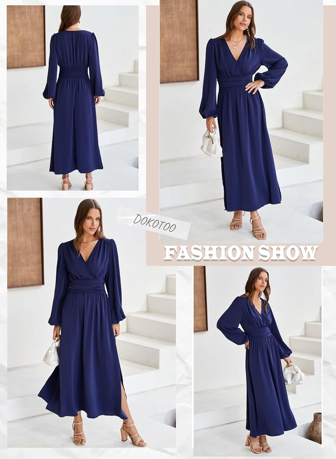 Dokotoo Womens Wrap V-Neck Empire Waist Dress Lantern Sleeve Ruched Side Slit Elegant Maxi Dress - Image 6