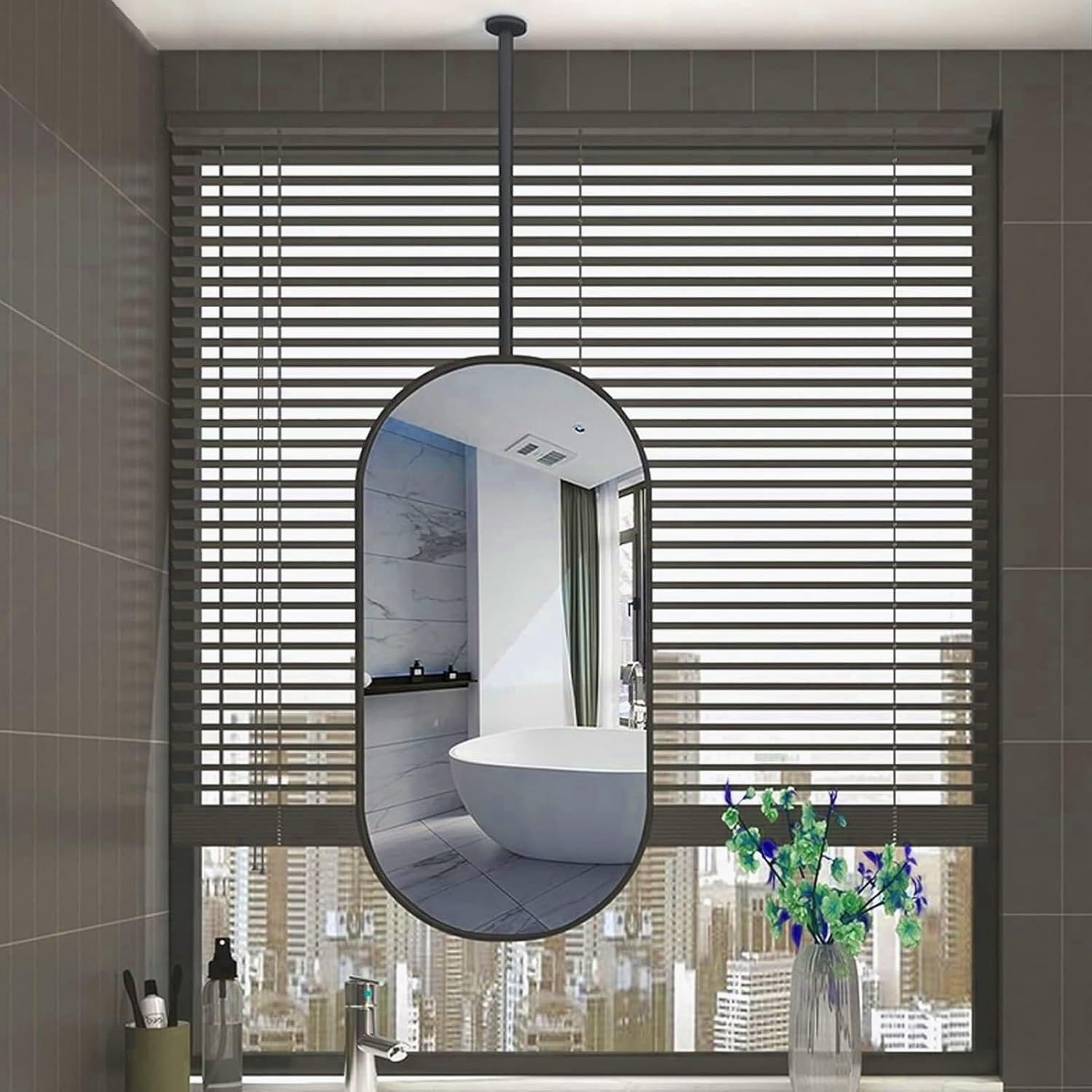 Konfigurowalne owalne lustro sufitowe - regulowana metalowa rama montowana na ścianie - idealne do łazienki w domu i hotelu - białe lusterko do makijażu 50 x 70 cm