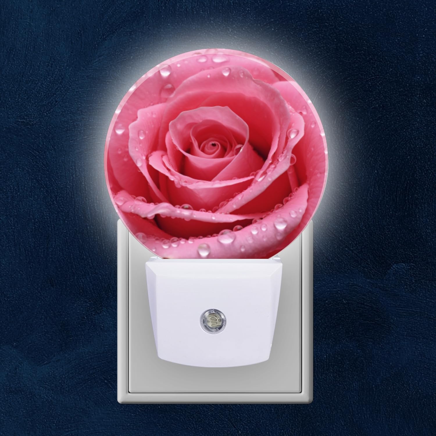 Mearafois Round LED Night Lights Lamp with Dusk to Dawn Sensor Pink Rose with Water Droplets Night Light