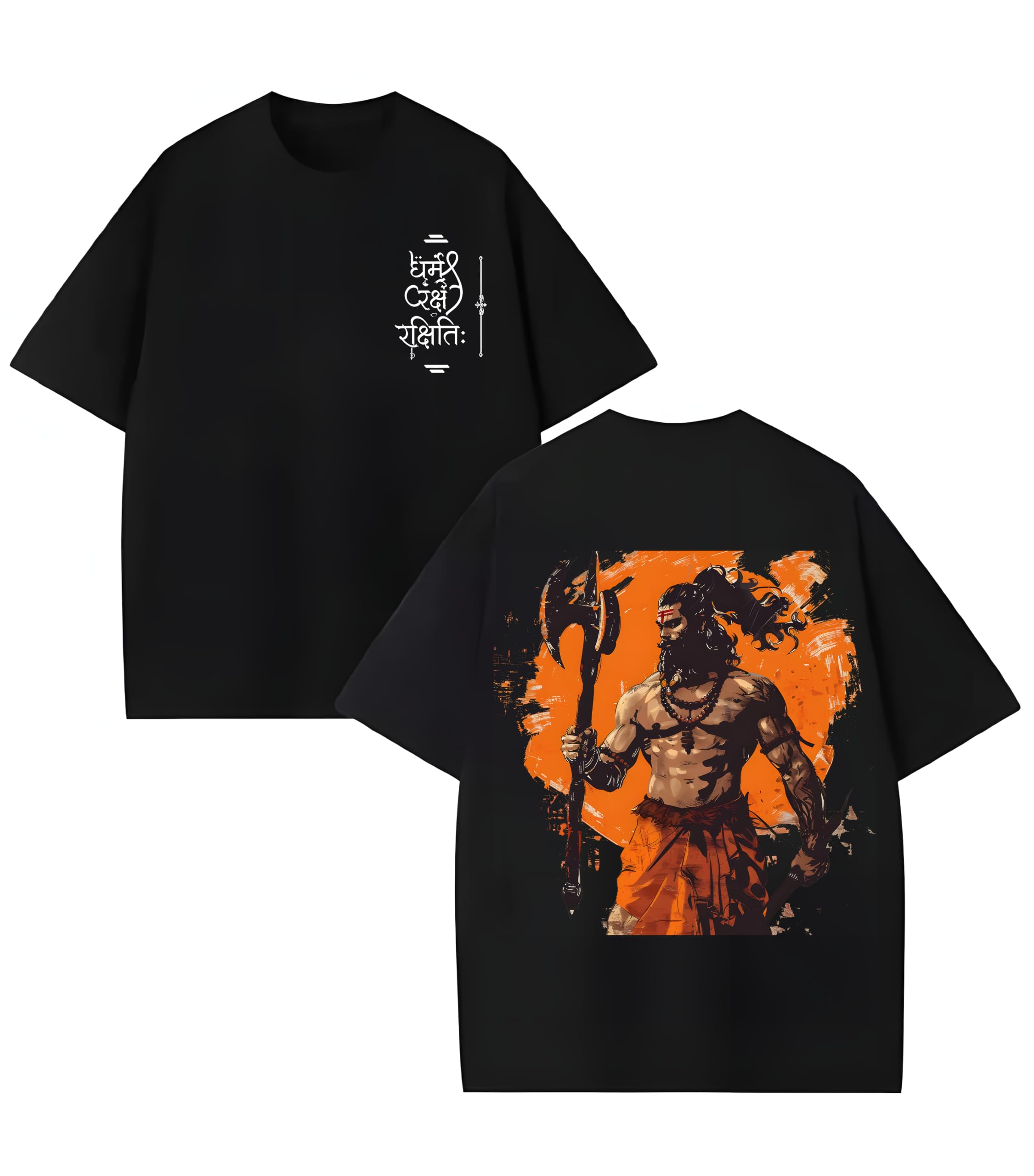 Men's Oversized Parshuram T-Shirt | Dharma Rakshati Rakshitah Sanskrit Print | 240 GSM Premium Cotton Graphic Tee | Hindu Mythology Inspired Casual Wear
