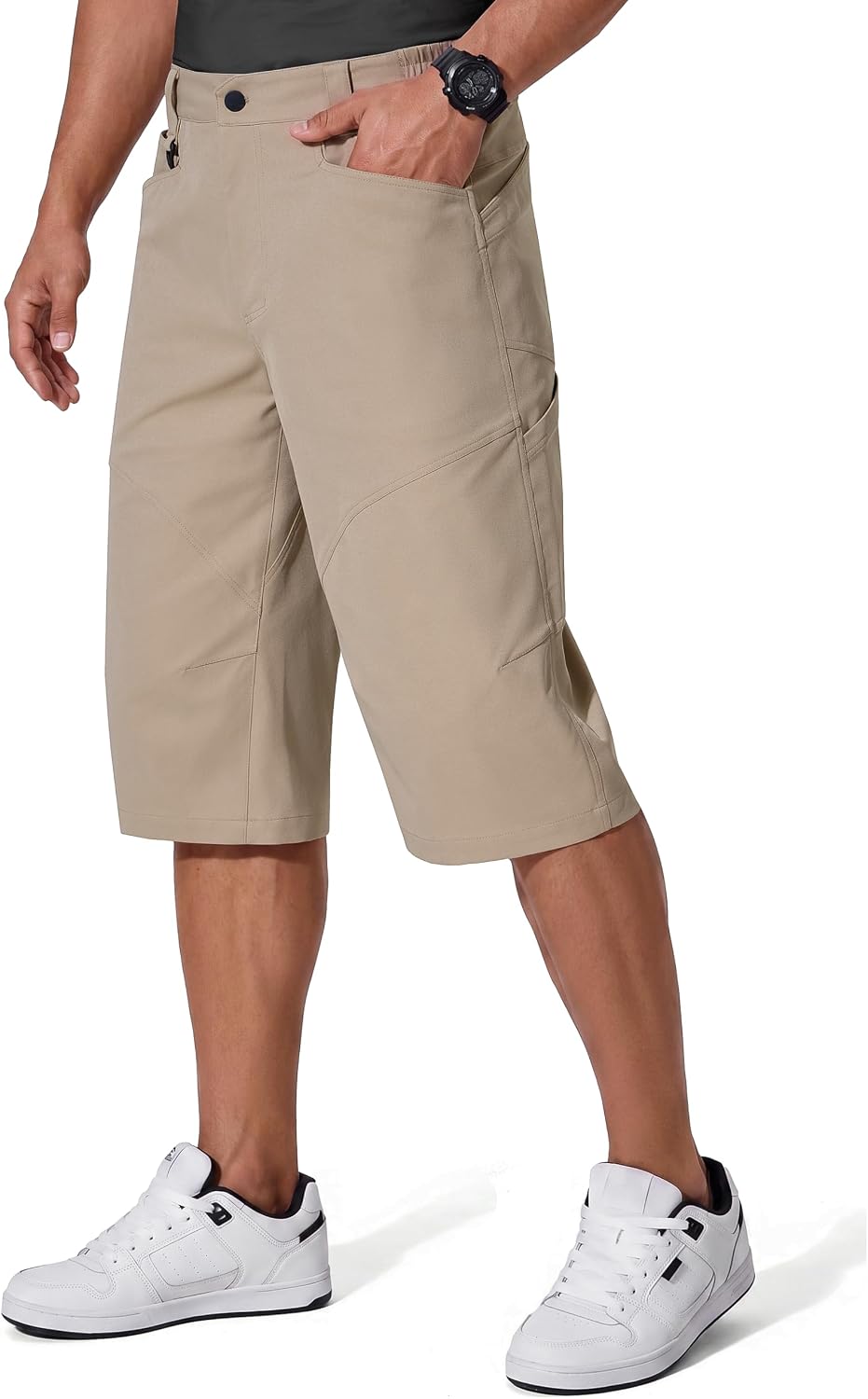 FREE SOLDIER Men's Capri Long Cargo Shorts Wear-Resistant Stretch Below Knee Shorts with 6 Pockets for Work Casual Hiking