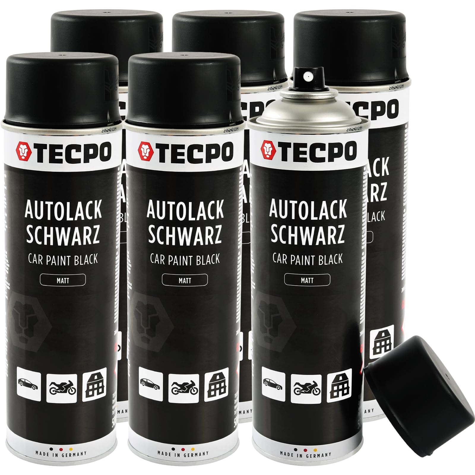 TECPO Lot de 6 bombes de peinture noir mat - 500 ml - Peinture de voiture - Noir rallye - En spray avec un fort pouvoir couvrant - Pour l'intérieur et l'extérieur
