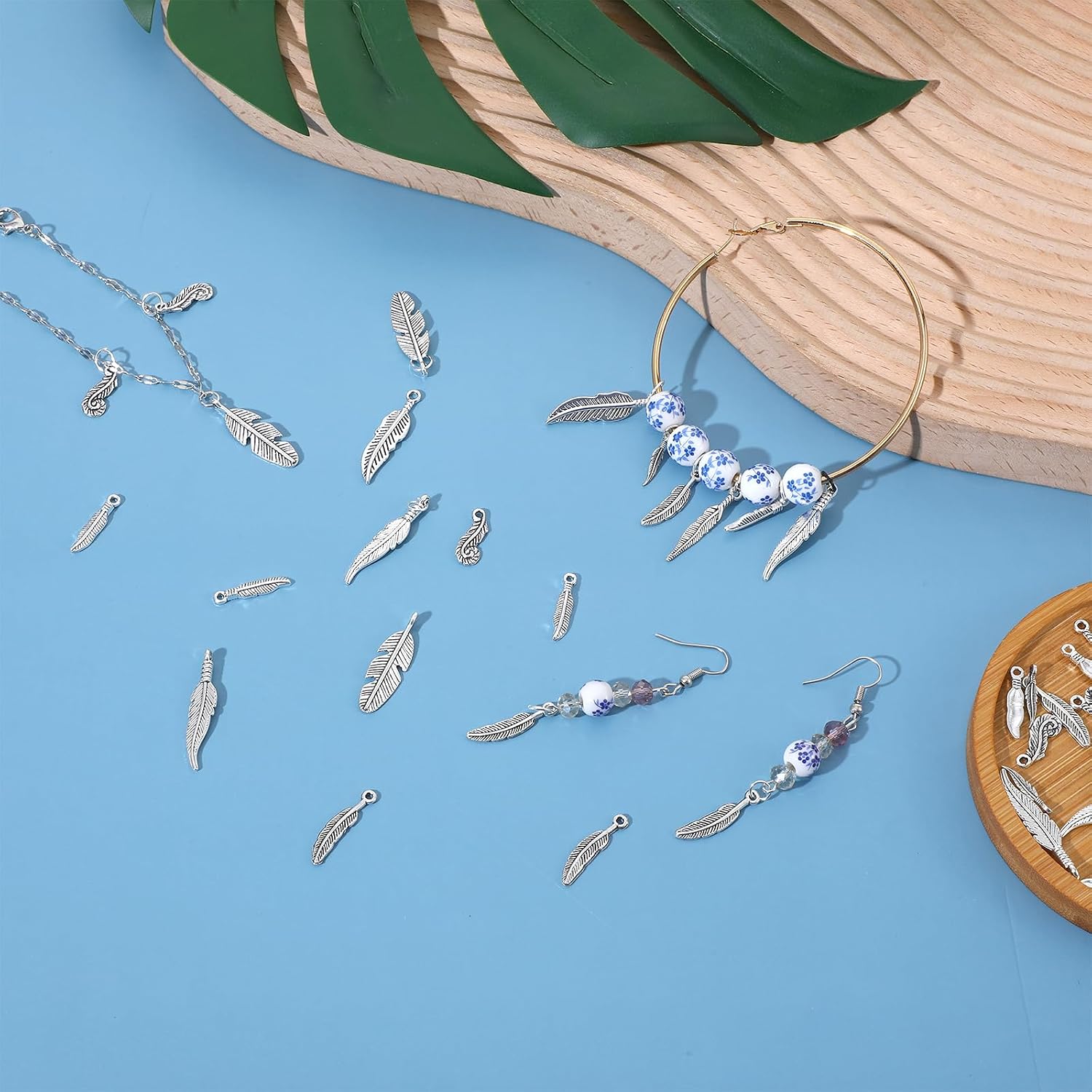 80PCS Feather Charms for Jewelry Making, 8 Styles Antique Silver Feather Charms Pendants Tibetan Style Metal Charm for Dreamer Catcher Earring Necklace Bracelet Native