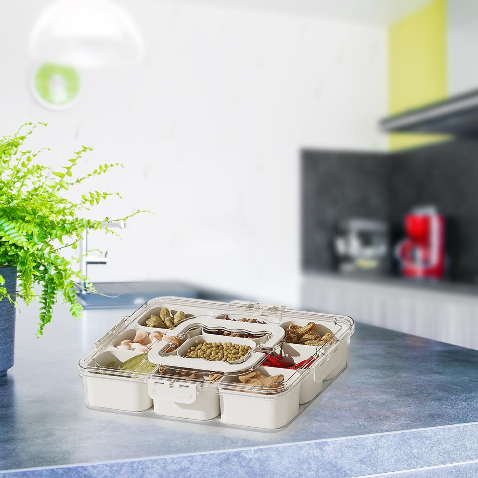 Vassoio snack con coperchio, vassoio da portata diviso - Contenitore per snack da viaggio multi scomparto - Contenitori per frutta di grande capacità, organizer per verdure in frigorifero per cucina