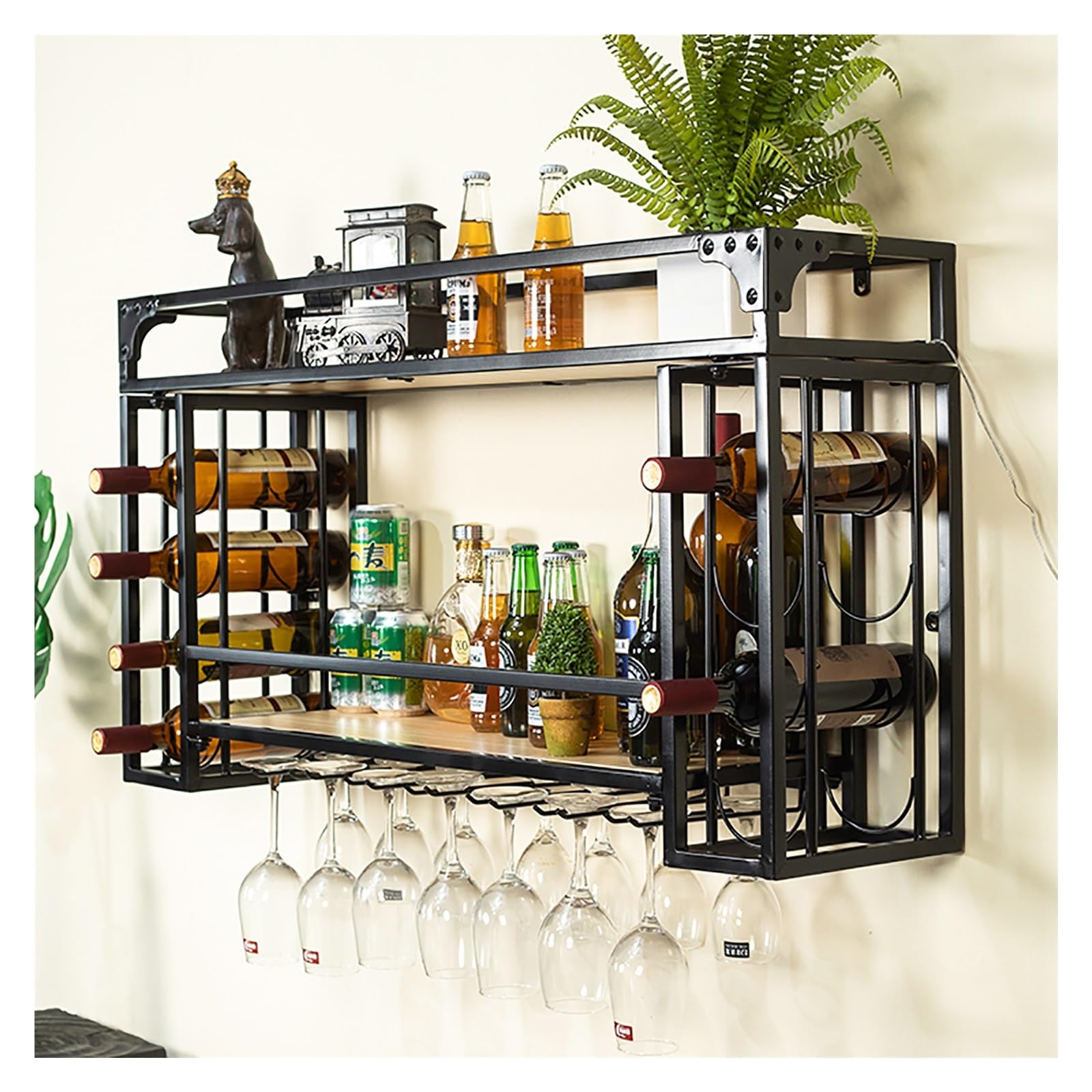 Botellero LED montado en la pared, soporte de metal para botellas y vasos, estante flotante para licor para decoración de cocina y bar, elegante exhibición de almacenamiento de vino (120 x 55 cm