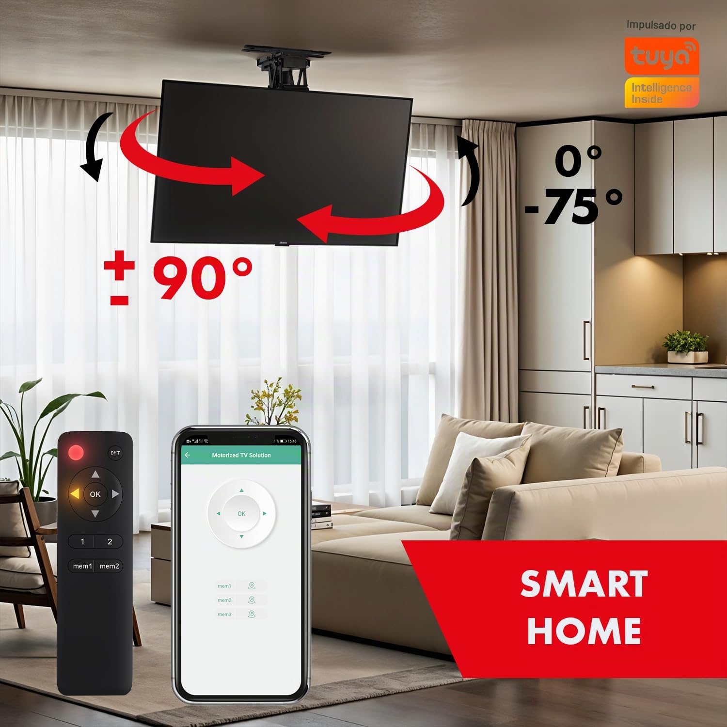 Maclean Electric Soporte de Techo para TV de 32" a 75" | Función de Inclinación y Giro Motorizada | max. VESA 600x400 | Control Remoto y App Tuya | Construcción Metálica Robusta | Sistema Anticolisión