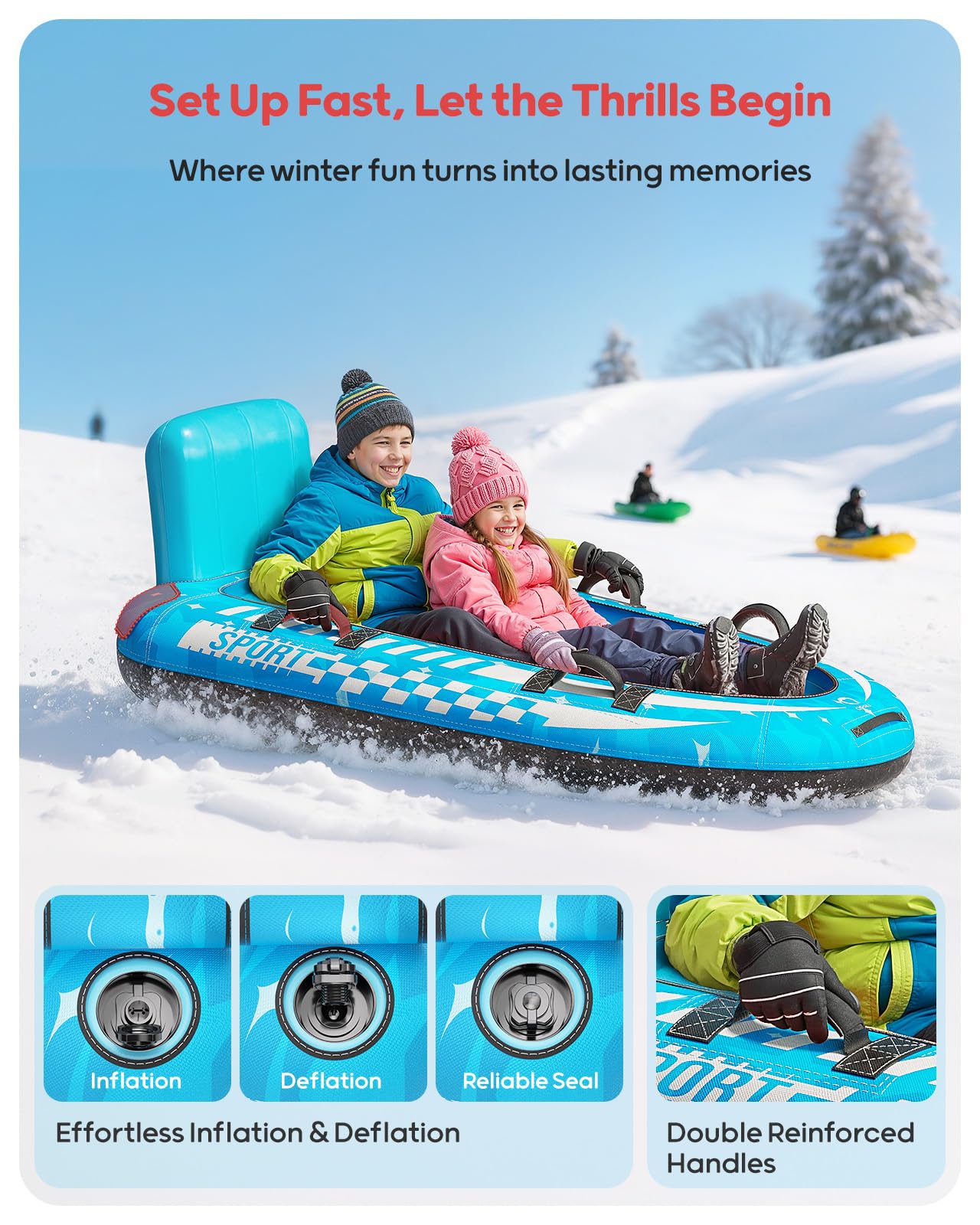 QPAU Trineo de nieve inflable para 2 personas con cubierta de lona, respaldo y asas reforzadas