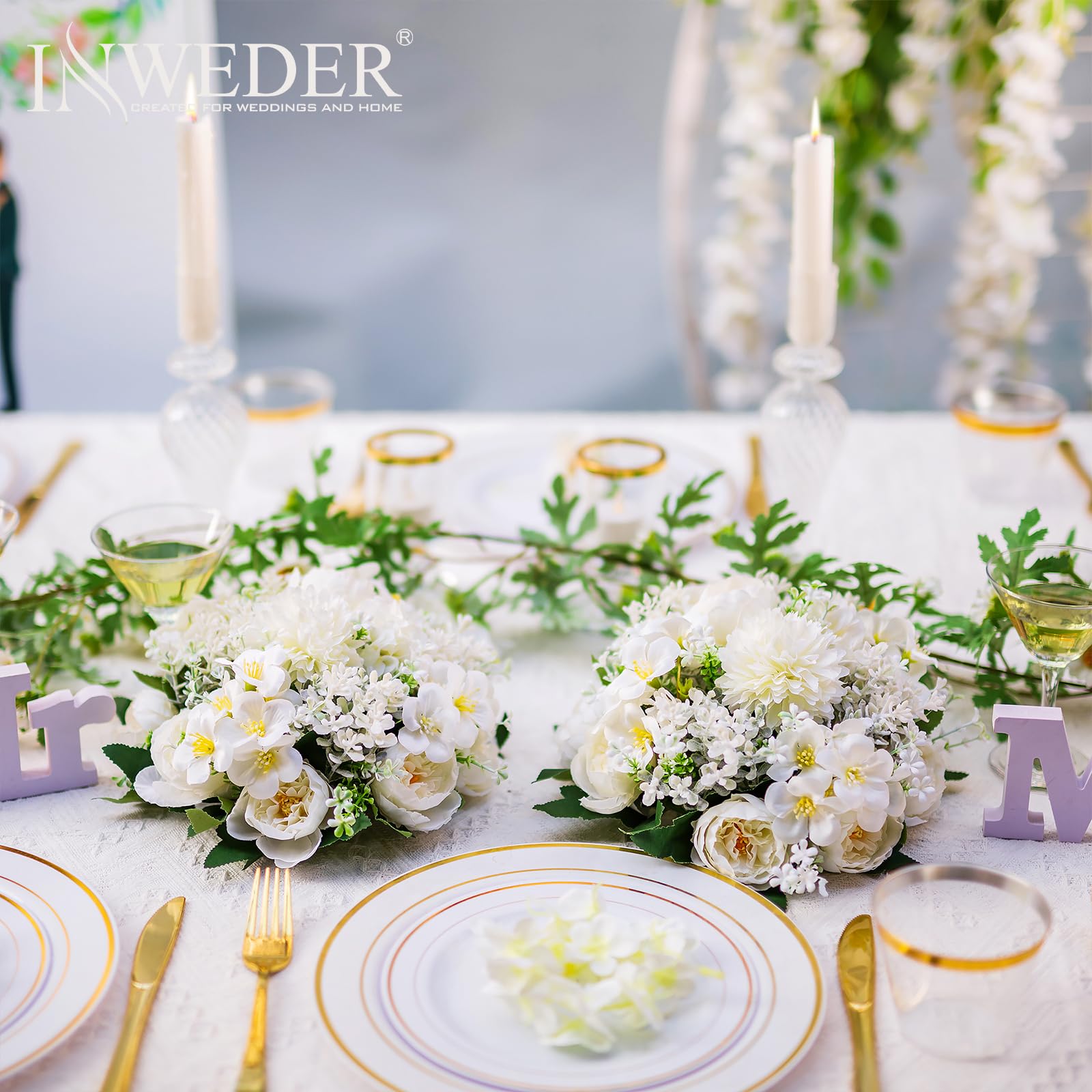 Flores Artificiales para Decoración de Bodas, Peonía Blanco, 10 Pcs | con Base, Ø 20cm, Seda Artificial, Bola de Flores para Centro de Mesa, Fiestas, Aniversarios, Decoración del Hogar