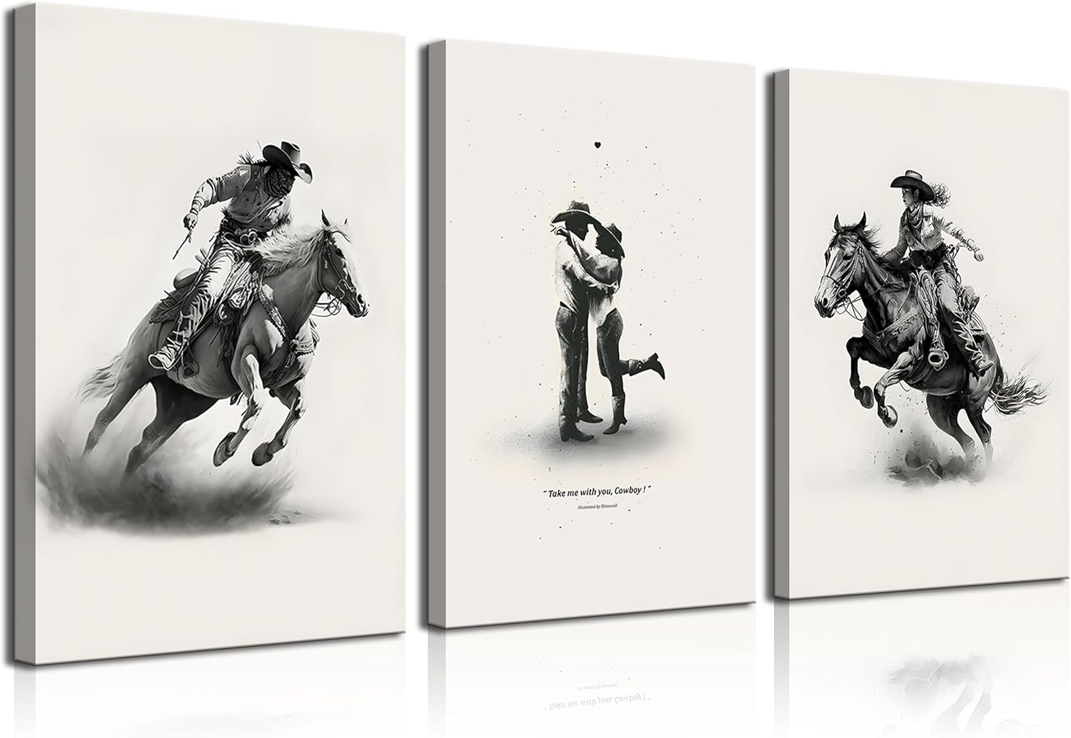 3Pcs Framed male cowboy and Cowgirl Canvas Wall Art Western Eclectic Wall Decor Pictures Wild West Prints Posters Rodeo Paintings of Western and Southwestern Decor Lovers ready to hang Western Cowboy 16L" x 12W"-Canvas