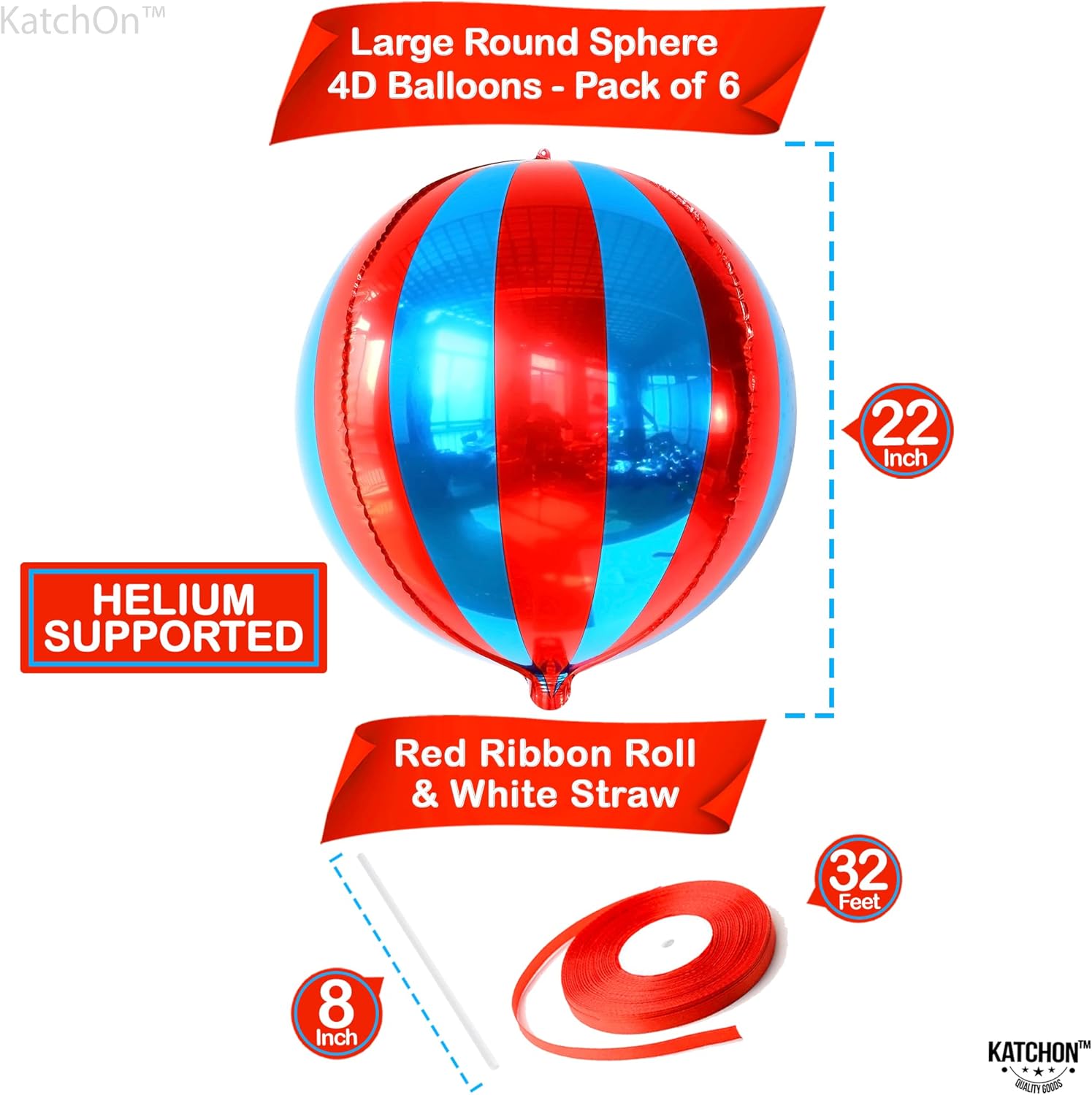 Katchon, Big Red and Blue Carnival Balloons - Pack of 6 | 22 Inch 360 Degree 4D Red Blue Balloons for Carnival Decorations | Circus Theme Party Decorations, Circus Balloon for Birthday Decorations
