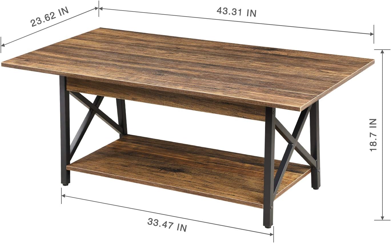 GreenForest Coffee Table Industrial Metal Legs with Storage Shelf for Living Room 43.3" x 23.6", Easy Assembly, Rustic Walnut : Home & Kitchen