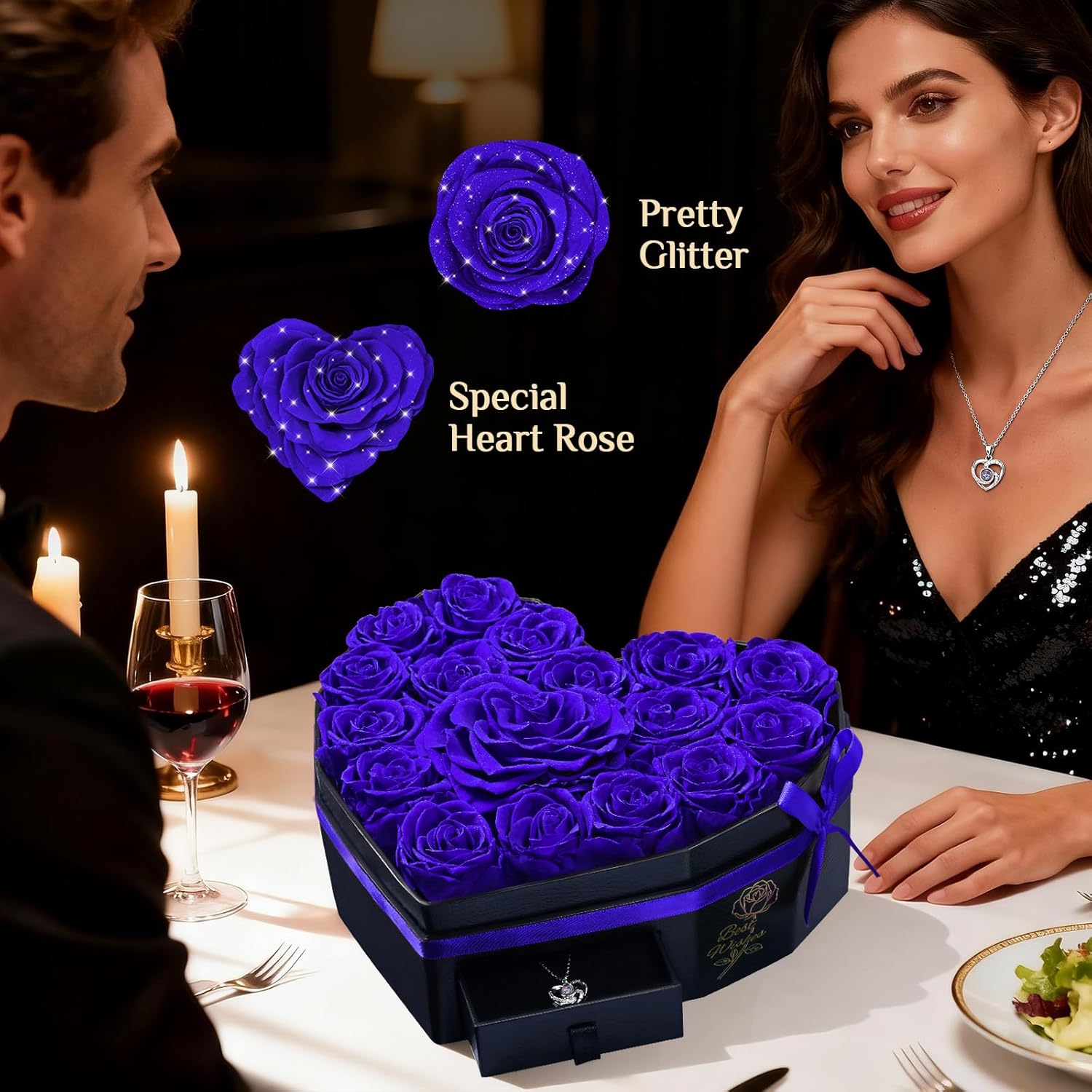 MARTINE MALL 17 Forever Flowers for Delivery, Gifts for Her Glitter Preserved Real Roses in a Box Valentines Day Birthday Gifts for Women Mom Girlfriend Wife Lasting Eternal Flower with Necklace, Blue - Image 2