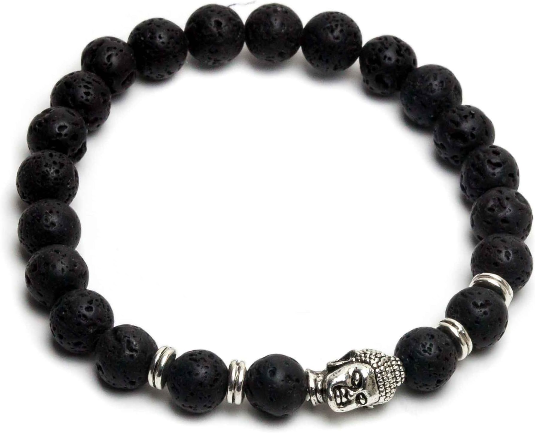 ZENGERJewelry Antique Buddha Head Beaded Bracelet - 8mm Black Lava Stone Bead, Elastic, Stretch