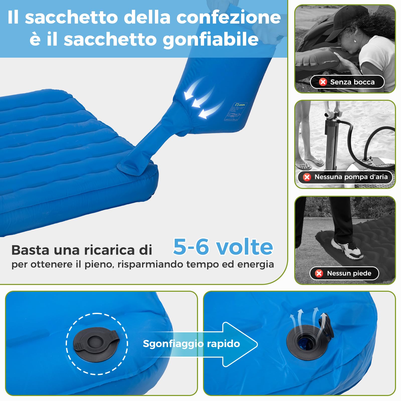 ATEPA Ultraleggero Gonfiabile Materassino da Campeggio Singolo Spessore 11 cm Materassino gonfiabile Compatto Materassino da Campeggio 20D Nylon Impermeabile per Escursionismo Backpacking