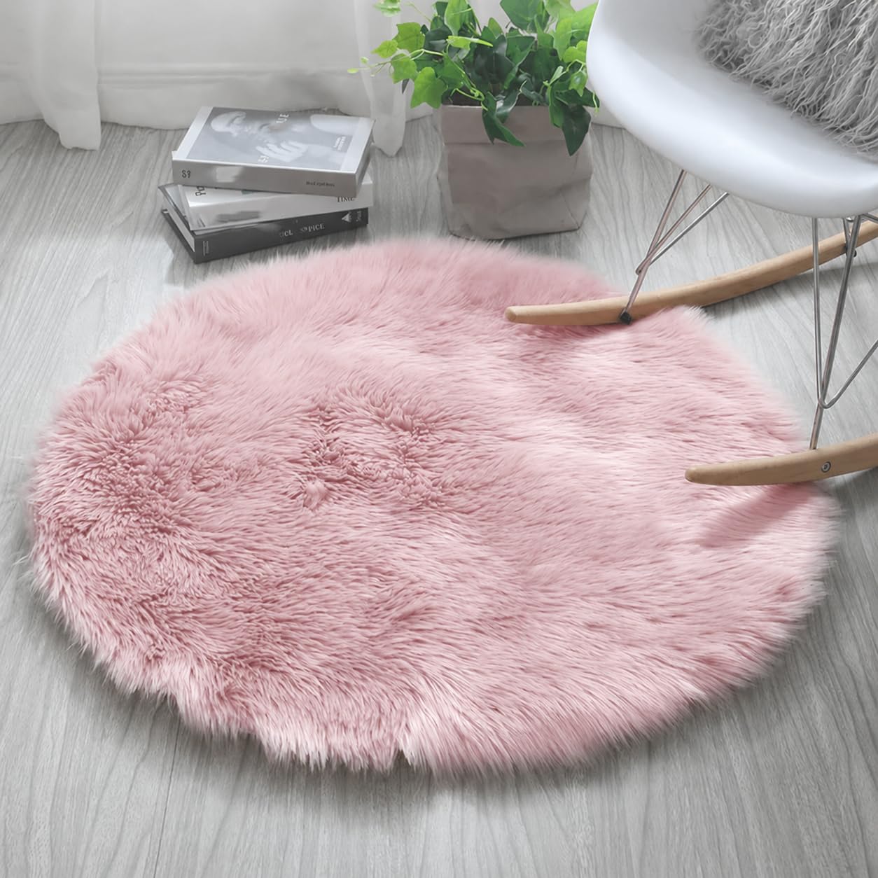 HARESLE Round Shaggy Rugs Faux Fur Rug Soft Bedroom Rugs Woolen Floor Carpet Mats (Pink,120cm/Diam 47 in)