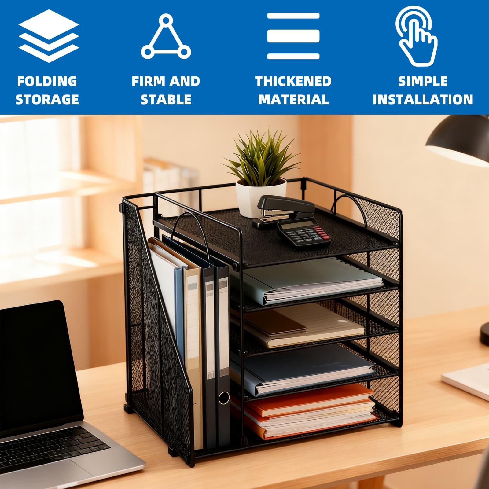 Mesh Desk Organiser Tray 5-Tier, Letter Magazine Book Paper Tray with File Holder, Desk Accessories for Organisation, Storage, Home Office Supplies (Black) - Image 3